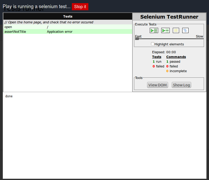 Screenshot of the selenium test runner in Play Framework